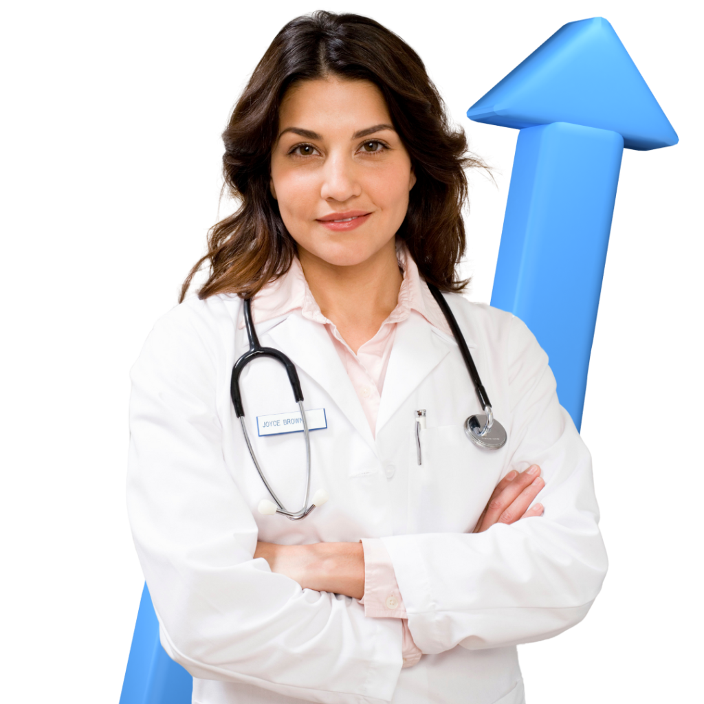 Smiling female primary care physician medical doctor crossing her arms with blue marketing arrow in the background