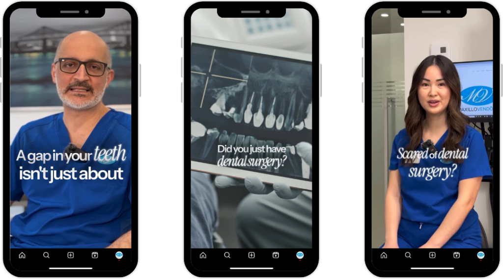Three screenshots of Oral & Maxillofacial surgery clinic's dental implant social media marketing videos