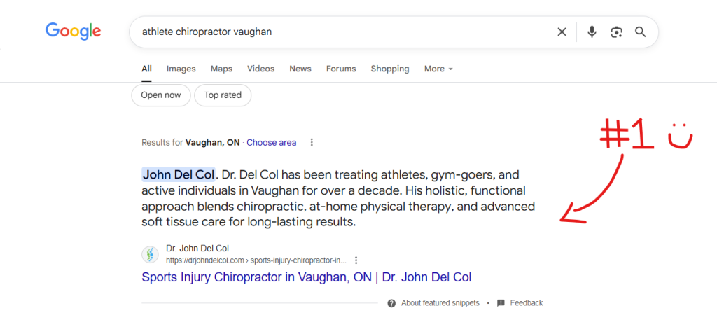 Screenshot from Google Search showing MINA Medical Marketing client showing up #1 for chiropractor-related search keyword, leading to increase patient acquisition