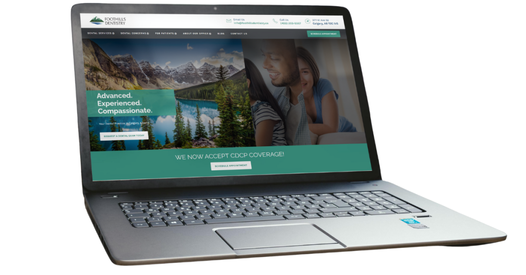 Laptop mockup displaying Foothuills Dentistry, a dental implant provider leveraging website marketing