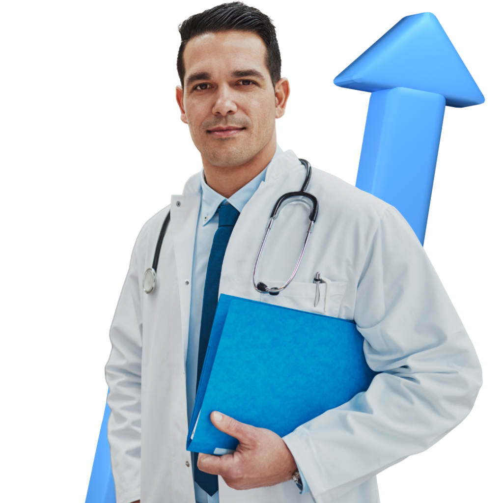 urology clinic owner / urologist standing in front of blue 3d marketing agency arrow