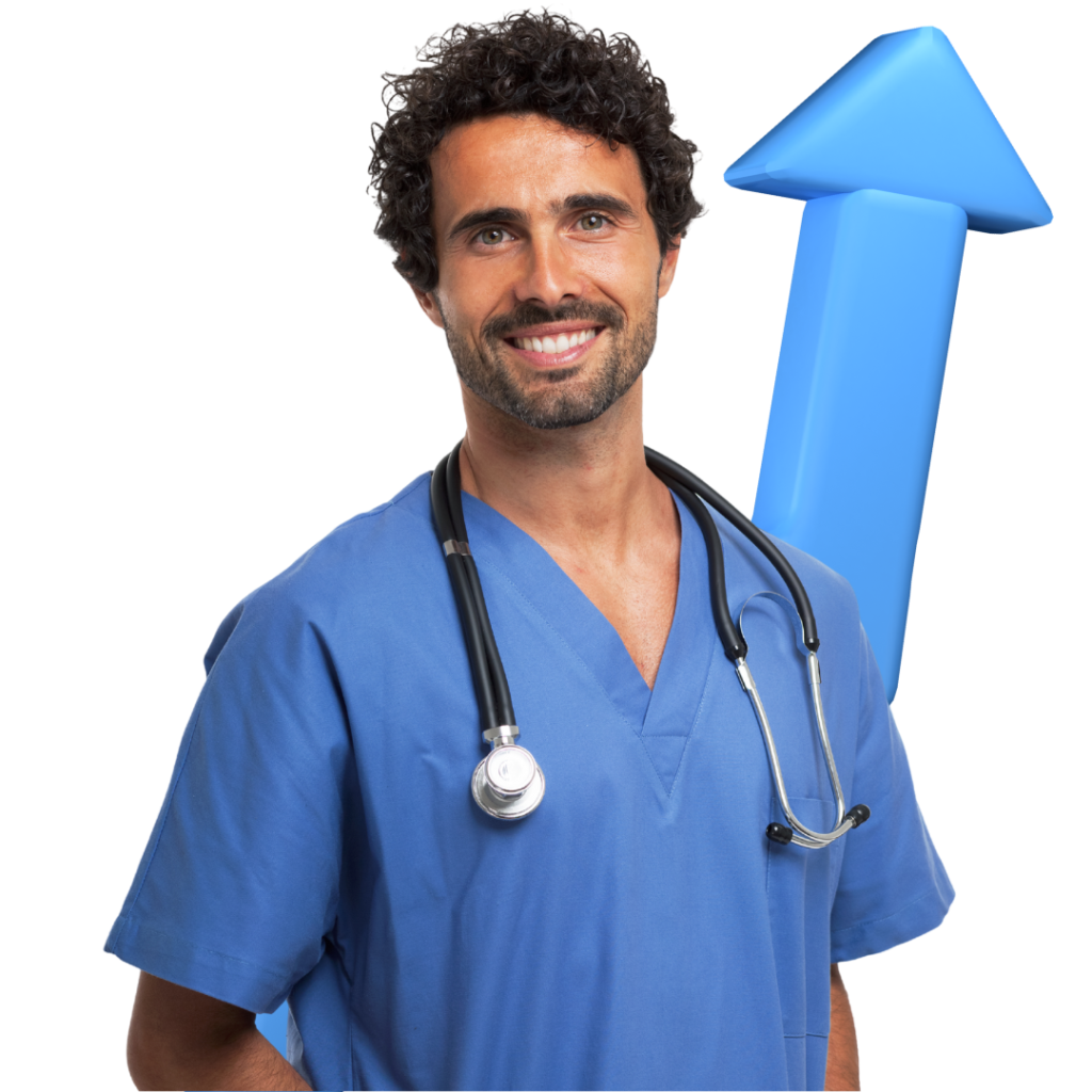 Canadian naturopathic doctor standing in front of blue 3d marketing agency arrow