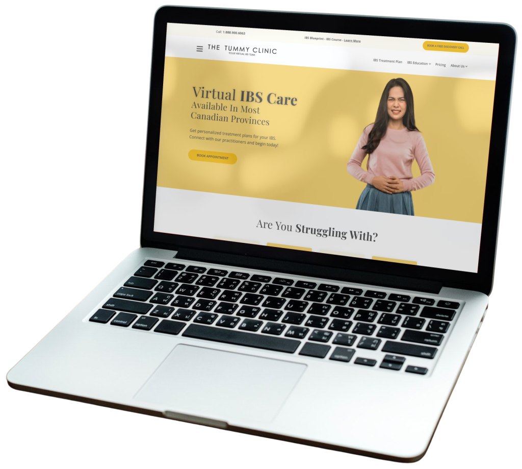 Mockup of a computer showing a gut health program marketing landing page for an IBS clinic in Toronto