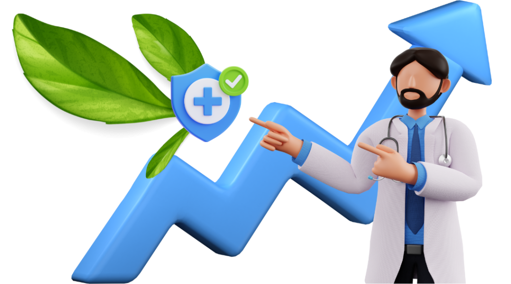 Naturopath pointing at 3d medical logo and marketing arrow with leaves surrounding