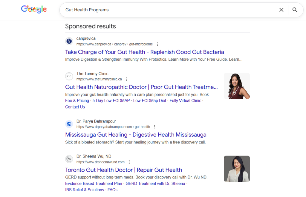 Sponsored results of a Google search for gut health programs, showing websites running paid marketing ads.
