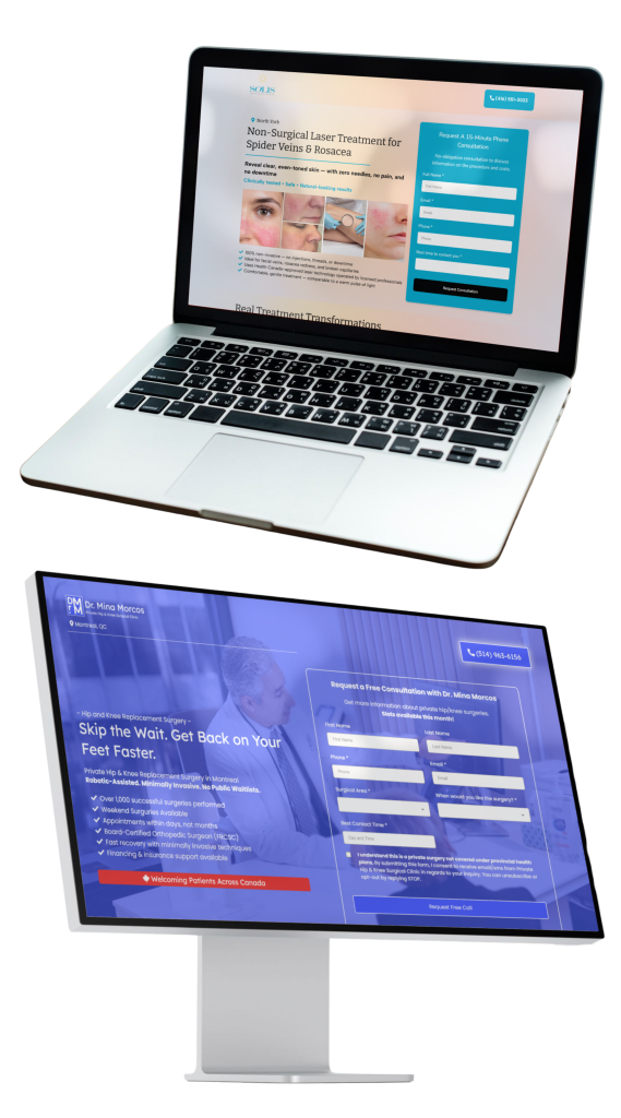Two computer screen mockups displaying marketing landing pages for private medical clinics in Canada