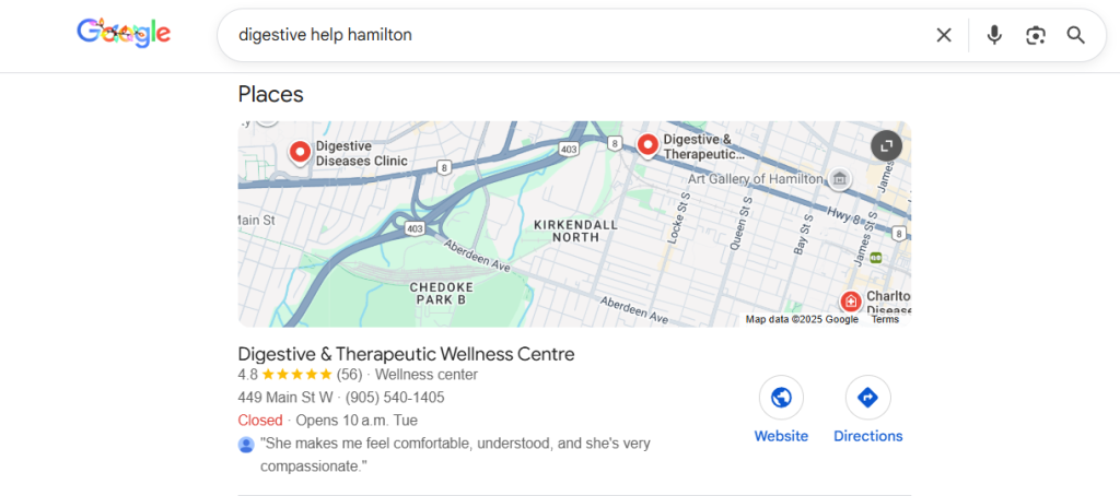 Screenshot showing local marketing results for gut health programs in Hamilton, ON, Canada