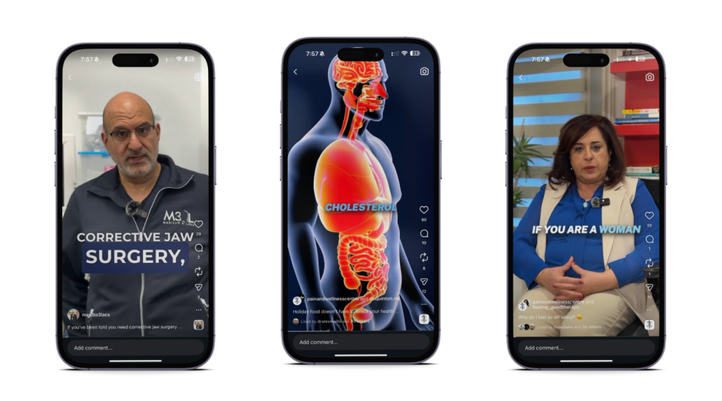 Three iPhone screens displaying different healthcare social media marketing videos on Instagram, a new emerging digital marketing trend