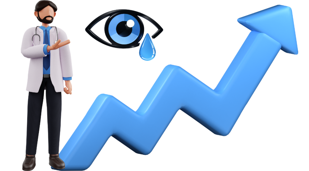 3d ophthalmologist illustration standing next to dry eyes symbol and marketing arrow