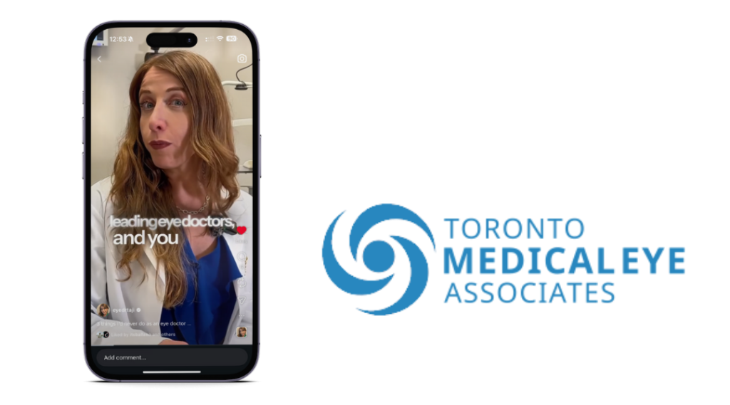 An iPhone displaying a video from Dr. Rana Taji, an ophthalmologist at Toronto Medical Eye Associates, talking about dry eyes on social media