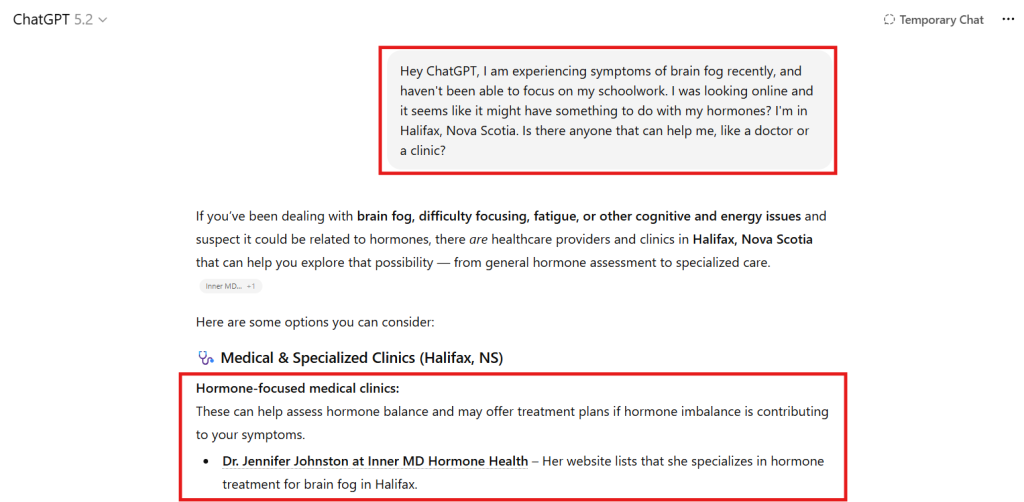 Screenshot showing a patient searching for a hormone therapy provider in Halifax with AI, showing the emerging healthcare digital marketing trends of AI marketing