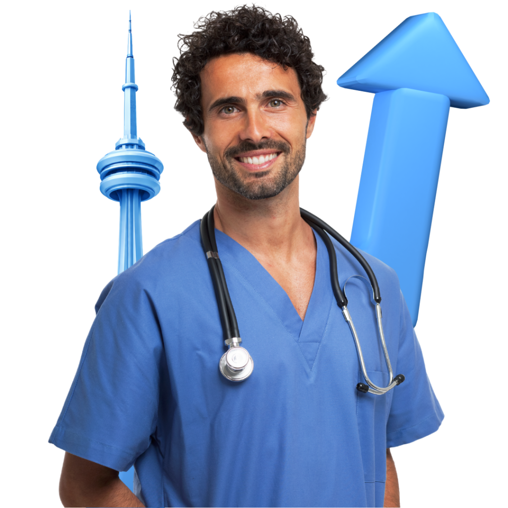 A young medical doctor standing in front of a blue 3d marketing arrow and Toronto's CN Tower