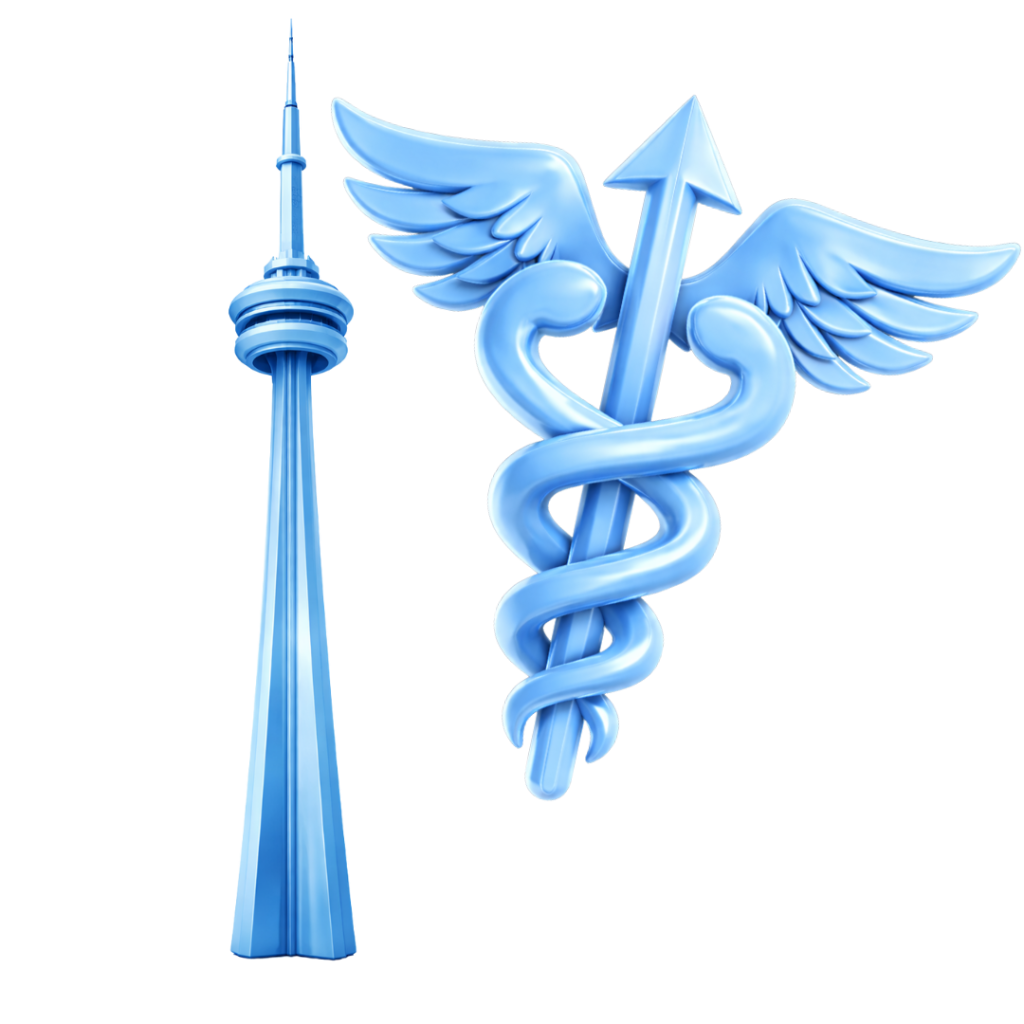 A 3d illustration of Toronto, Ontario's CN Tower and the MINA Medical Marketing logo in light blue
