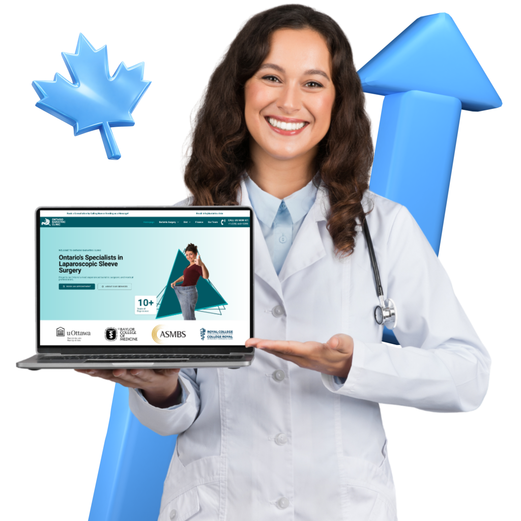 Female doctor holding a laptop displaying her new healthcare marketing web design from MINA Medical Marketing