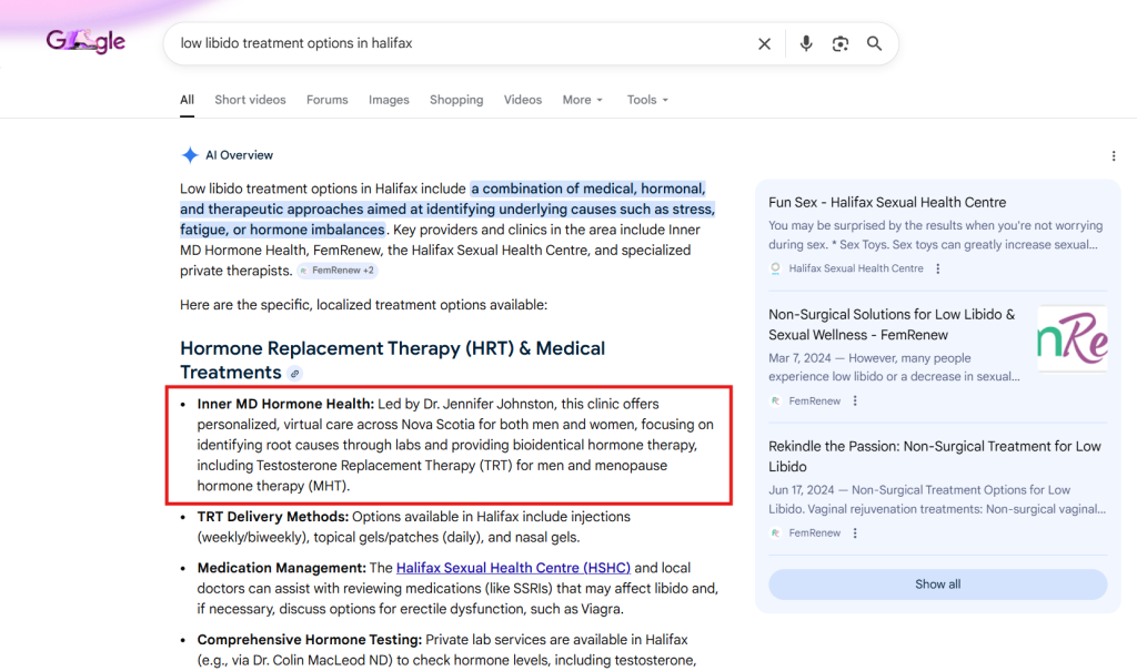 AI SEO results on Google in an AI overview, displaying a hormone therapy healthcare clinic in Halifax, Canada being suggested at the top in Google Gemini AI