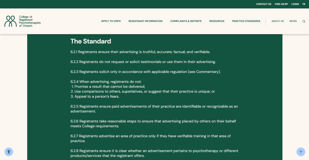 Screenshot from Standard 6.2: Advertising from the College of Registered Psychotherapists of Ontario